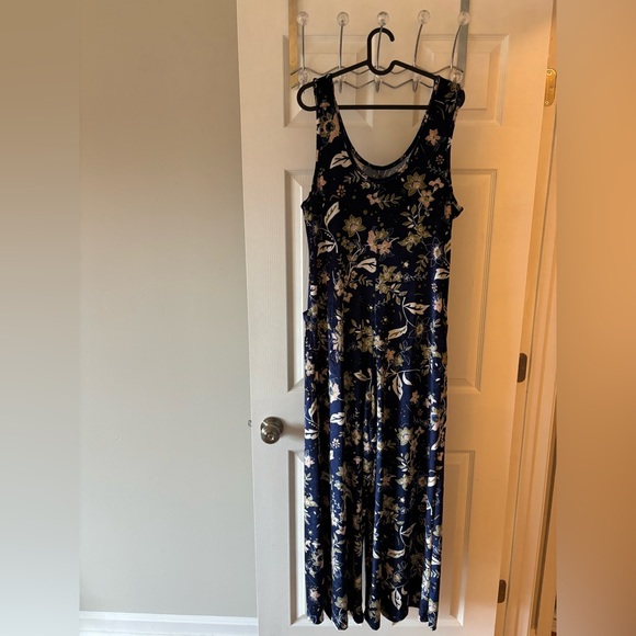 Earthbound Blue Floral Sleeveless Velvet Wide Leg Stretch Jumpsuit Pockets M/L - Picture 10 of 12